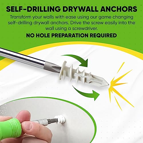 Drywall Anchors Plastic Self-Drilling - Wall Anchors for Drywall Pack Includes 25 Large and 25 Small Anchors With Fitting Phillip Zinc Screws, Hold up to 30-60 Lb. No Pre Drill Hole Required (Plastic)