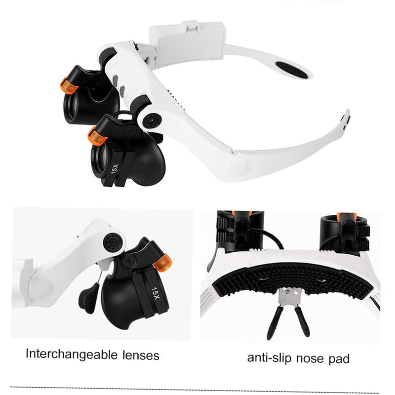 Headband Magnifier with LED Lights, 21 Interchangeable Lenses for Watch Repair, Jewelry Work, 6X 7X 10X Magnification