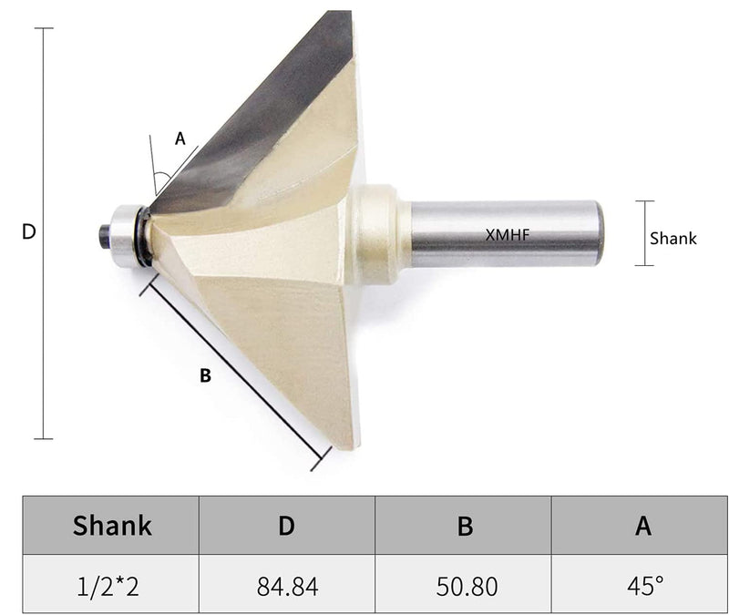 XMHF 1/2-inch Shank Chamfer Router Bits with 45 Degree 2-inch Cutting Length Tungsten Carbide Tipped 1/2 x 2