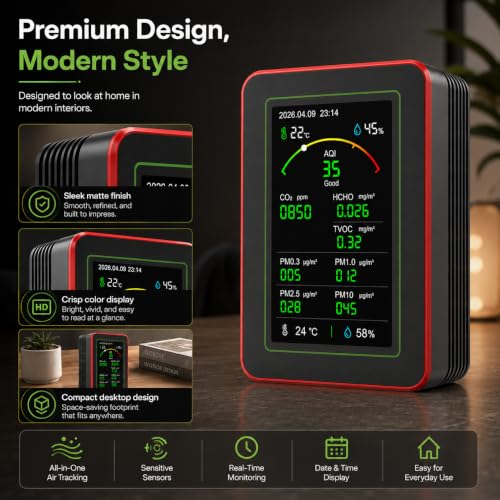 Professional 15-in-1 Air Quality Monitor with Smartphone APP - Dual Chip - Monitors CO₂ and Indoor Air Quality (CO₂), HCHO,TVOC,PM0.3,PM1.0,PM2.5,PM10,AQI,Temp and Humidity for Home,Office and Car Use Red