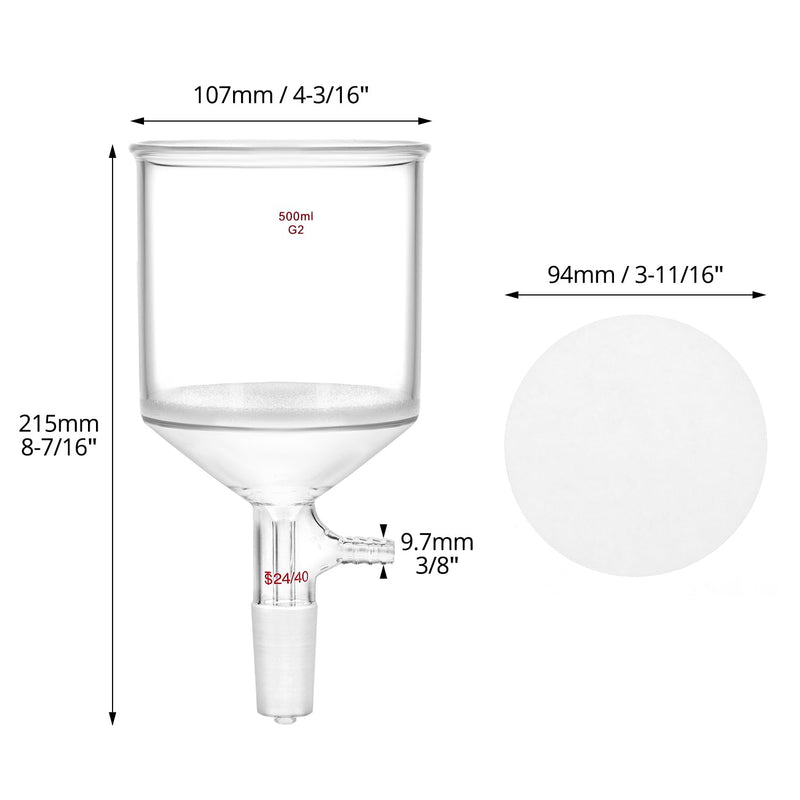 QWORK 500ml Borosilicate Glass Buchner Filtering Funnel with Medium Frit (G2) - 24/40 Standard Taper Inner Joint & 100 Pcs 93mm Filter Paper