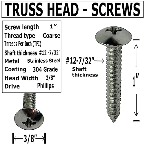#12 x 1” - 18-8 (304) Stainless Steel Truss Head Screw - Fast Self Tapping Wood - Phillips Drive - Full Thread -Bright Finish - 1 in by BRAUNY BOY HARDWARE (100, Screws) 100