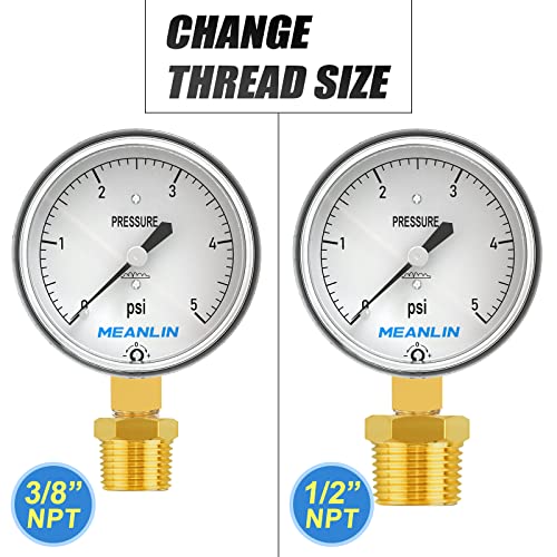 MEANLIN MEASURE 0-5psi Diaphragm Type Capsule Low Pressure Gauge 1/4" NPT 2-1/4" FACE DIAL Adjustable Water Column Gauge, with 1/4" x 1/2" NPT and 1/4" x 3/8" NPT Hex Bushing, Lower Mount 0~5Psi