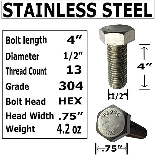 1/2" x 4" - 304-STAINLESS Steel Bolts, Nuts & WASHERS - 18-8 HEX Head Bolt - 304 Grade. General Purpose Bolts + Nuts + Washers - Full Thread Tap Bolts (5) 5