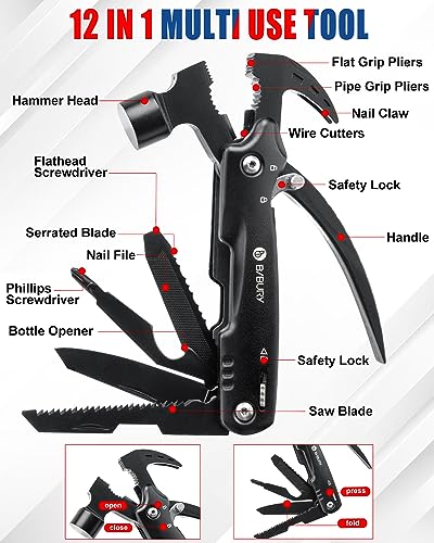 BIBURY Gifts for Men, 12 in 1 Hammer Multitool with 18 in 1 Snowflake Tool