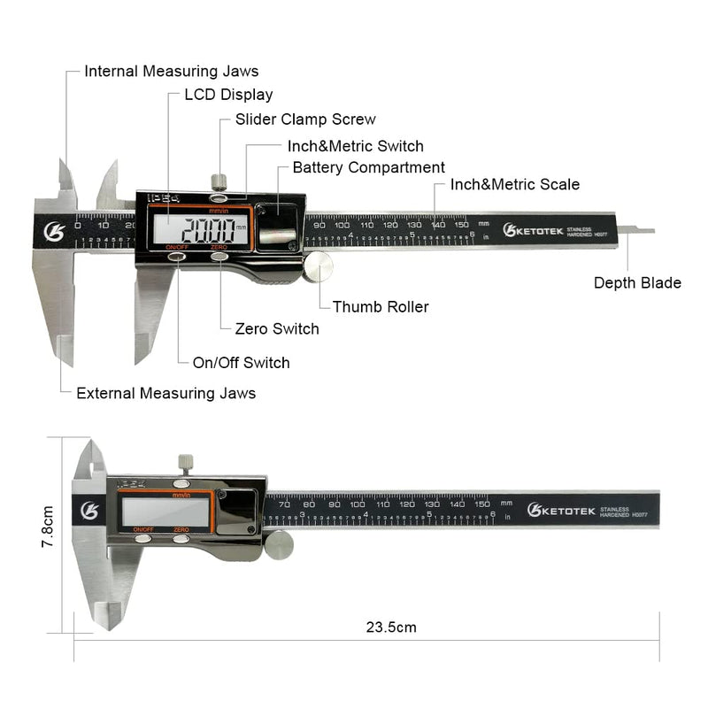 KETOTEK Digital Caliper Measuring Tool, IP54 Waterproof Stainless Steel Electronic Vernier Caliper 6 Inch/150mm Digital Micrometer with Large LCD Screen Black