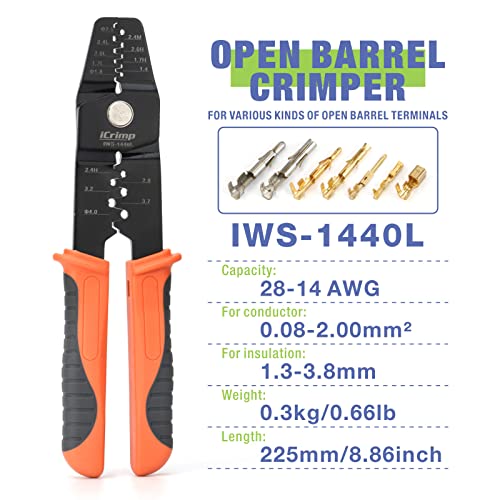 iCrimp Open Barrel Crimper for JST Molex TE Pins, Non-Ratcheting AWG 28-14