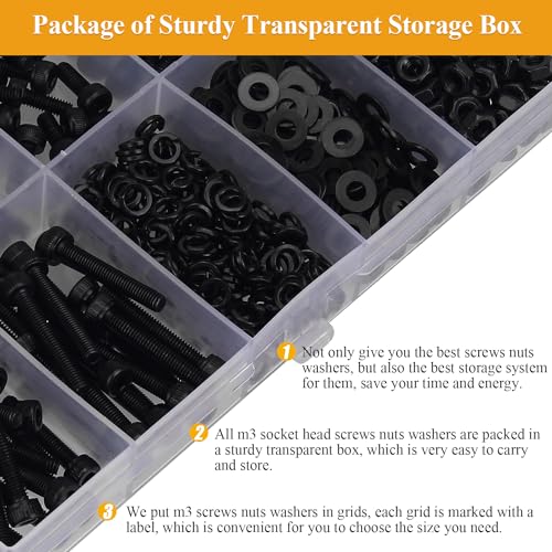 555 Pieces M3 Screws Nuts Washers Set Black, Sutemribor M3 x 6/8/10/12/16/20/25mm Hex Socket Head Cap Screws Nuts Washers Assortment Kit, 12.9 Grade Alloy Steel, Fully Threaded M3 x 6-25mm