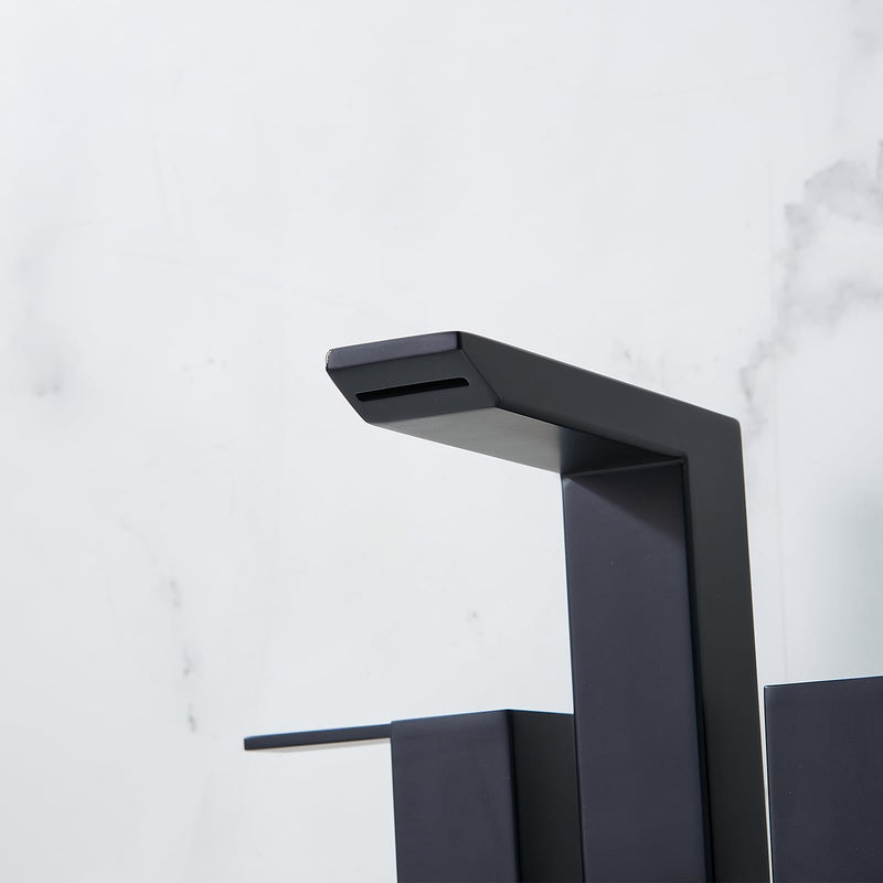 IKEBANA Matte Black Waterfall Bathroom Faucet, 4 inch 2 Handle 304 Stainless Steel Bathroom Sink Faucet, Modern Waterfall Spout Lead-Free Sink Faucets with Pop-up Drain and Supply Hoses, IK-QK2324