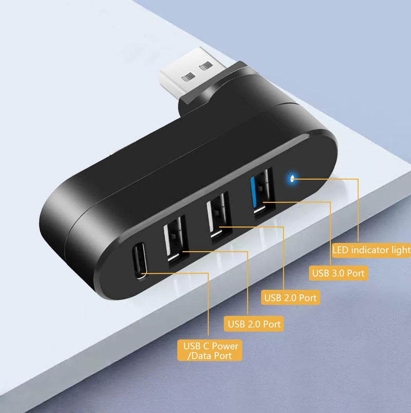 USB 3.0 Hub [90°/180° Degree Rotatable], 4-Port USB Splitter Extender with 3 USB Ports & 1 USB C Power/Data Port, USB Hub for Laptop, Car, MacBook Pro/Air/Pro USB Hub 4-Ports