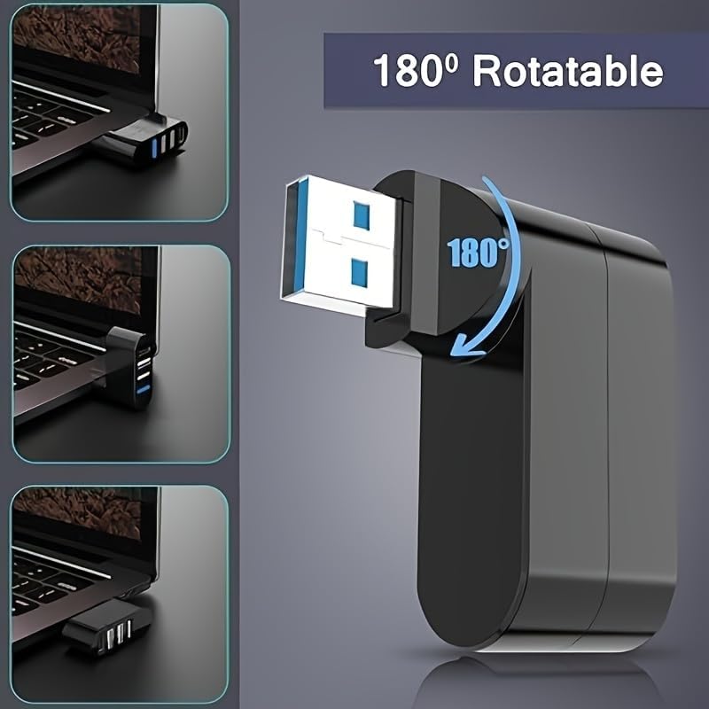 4-Port USB 3.0 Hub [90°/180° Degree Rotatable] | USB Splitter with PD-in 5W USB C Port, USB Extender for Laptop, Car, iMac, MacBook Air, MacBook Pro, and More