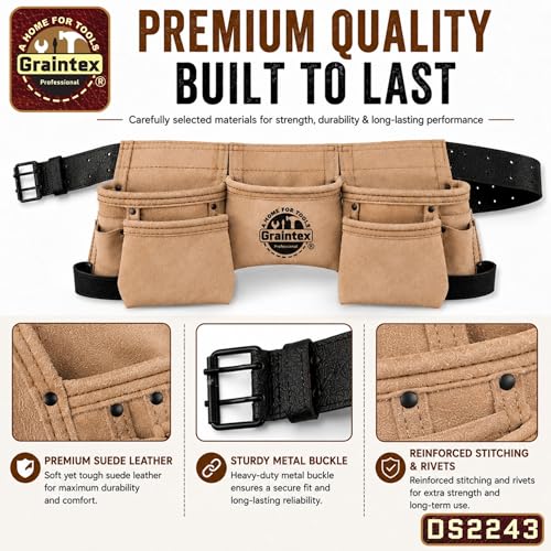 Graintex DS2243 :: 9 Pocket Children Tool Belt Beige Color Suede Leather, Kids Real Tool Belt, Boys and Girls Tool Apron for Home Improvement, 1.1/2" Leather Belt, Hammer Loops 9 Pockets