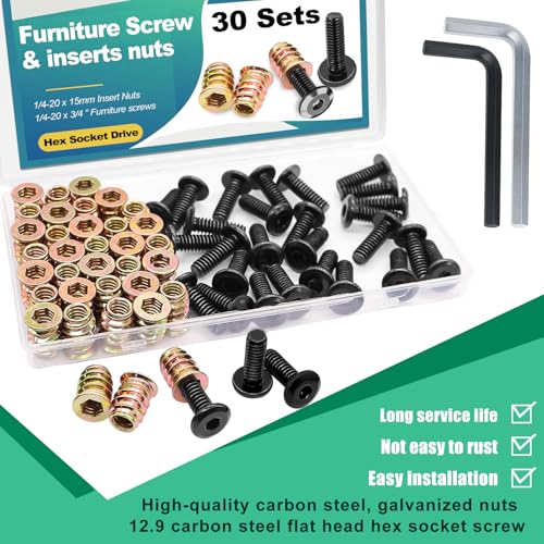 Twidec/30 Sets 1/4-20x15mm Threaded Inserts for Wood Furniture Screw Nut Kit Bolt Fastener Connector with 1/4-20x20mm Screw-in Nuts and Hex Wrench N-083-30set (Pack of 2)