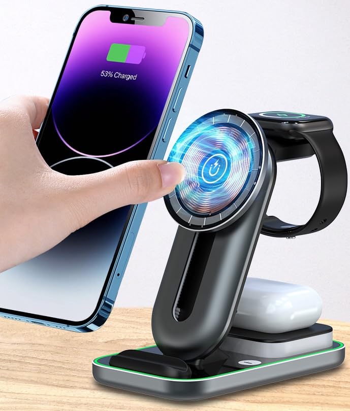MagSafe-Compatible Wireless Charging Station: 3 in 1 Charger Stand Compatible with Apple iPhone, Apple Watch and AirPods - Includes Built-in Night Light - Adjustable Phone Height (Gray) Gray