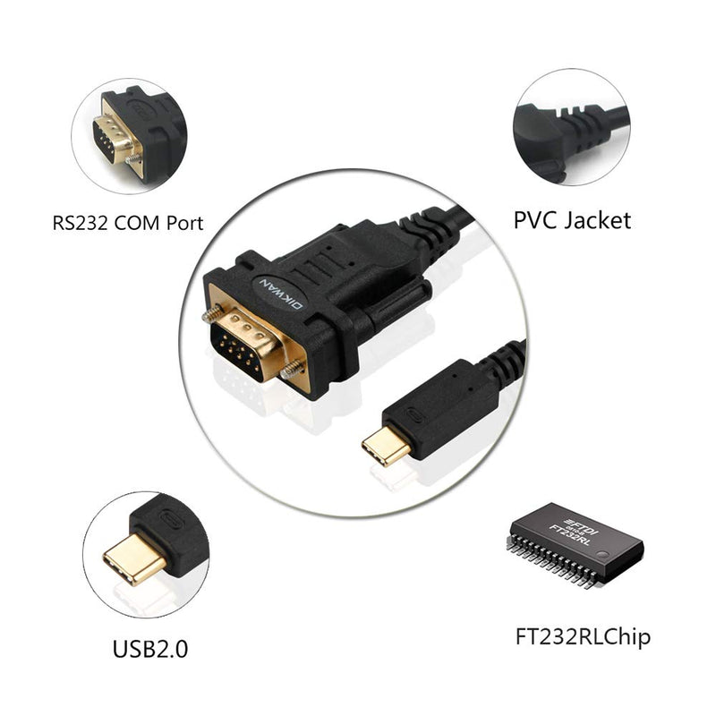 USB Type C to RS232 DB9 Serial Port Adapter Cable, FTDI Chipset, Supports Windows 11, 10, 8, 7 and Mac Linux 6FT USB-C to Serial DB9
