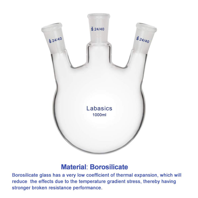 Labasics Glass 1000ml 3 Neck Round Bottom Flask RBF, with 24/40 Center and Side Standard Taper Outer Joint, 1000ml 1000 ml