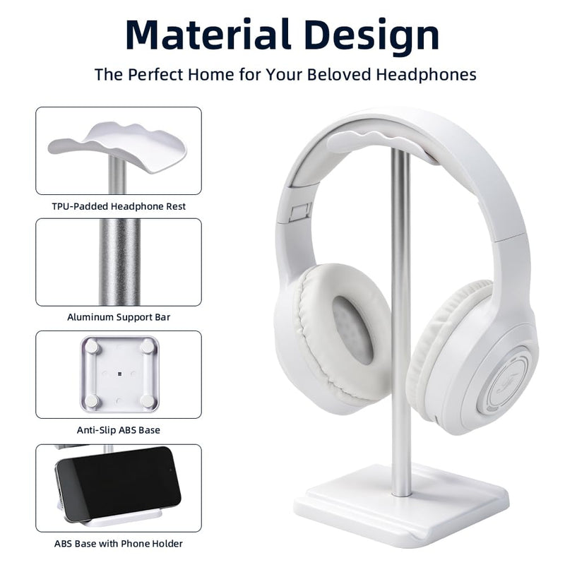 Headphone Stand for Desk, Headset & Earphone Holder with Phone Slot | Aluminum Pole, TPU-Padded Headrest, Anti-Slip ABS Base, Universal for Gaming & Office, Compatible with All Headphones White 1