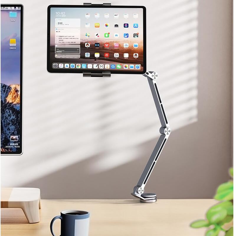 Rotatable Holder Stand Tablet Holder Multi-Angle Design Phone Clip Swivel Mount Desktop Aluminum Alloy Cantilever Bed Desk Home Live Folding Bracket Compatible with 4"-13" Phone Tablet (Silver) Silver