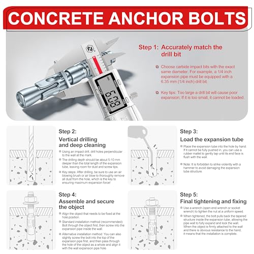1/2 x 3-3/4 inch Wedge Anchors, 6 pcs Concrete Screw and Anchor Kit, Galvanized Concrete Anchors, Concrete Wall Anchors and Brick Anchors, Suitable for Concrete Floors and Walls 1/2 x 3-3/4In