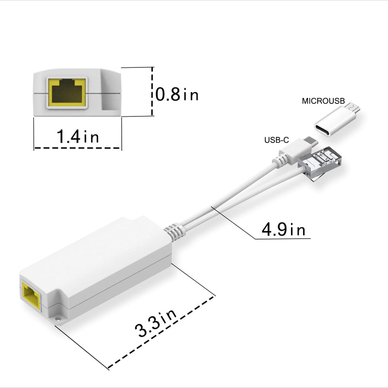 PoE Splitter 5V2.5A PoE to USB C/Micro USB 2-in-1 Adapter, IEEE 802.3af Compliant PoE Power Adapter for Raspberry Pi 3/4 Security IP Camera/Voip Phone/AP, PTC-AF-5V