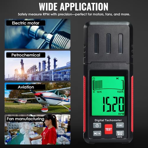 Digital Laser Tachometer High-Precision Non-Contact Tachometer 10-99,999RPM Handheld Professional RPM Meter with Reflection Tape, MAX/MIN/AVG, Photoelectric Sensing, Large LCD Backlight Data Hold