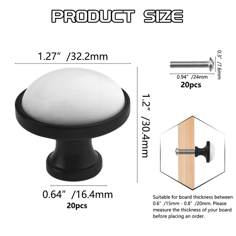 WMYCONGCONG Black Cabinet Knob, 20 Pcs 1.3"/33mm Dresser Cupboard Drawer Knobs White Ceramic Cupboard Round Dresser Knobs Drawer Pulls Knobs Wardrobe Door Pull Handle for Home Office