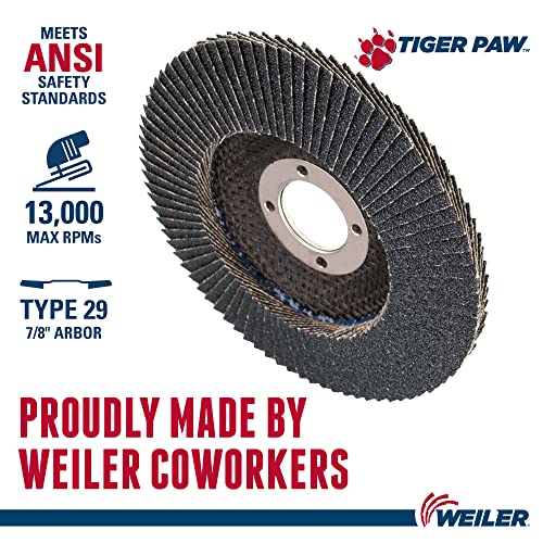 Weiler 51121 4-1/2" Tiger Paw Abrasive Flap Disc, Angled (Ty29), Phenolic Backing, 80Z, 7/8" Arbor Hole (Pack of 10) Performance Steel / Metal 80 Grit