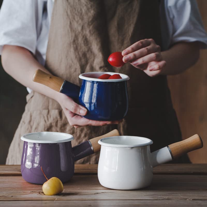 0.6qt Mini Enamel Milk Pot Insulated Wooden Handle 2 Pour Spouts Small Food Warmer Cute Saucepan(D015,White) White