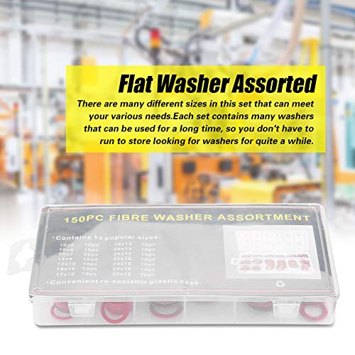 150Pcs Fiber Washer Insulation Flat Washer Assortment, 14 Sizes Red Flat Ring Washers Assortment Kit Steel Paper Sealing Washers Set
