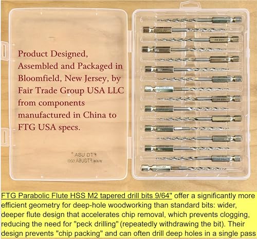 FTG USA 16 Pc #6 (9/64") Parabolic Flute Tapered Replacement Drill Bits, Case Same Sort 16 Pc