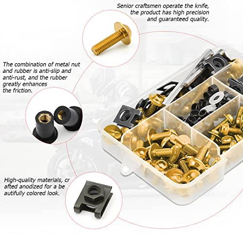 Motorcycle Fairing Bolt Kit, 177pcs M5 M6 Motorcycle Windscreen Screws, Aluminum Fasteners Fairing Bolts Nut Clips Kit, Mounting Kits Washers Nuts Screws Assortment for Sport Bikes (Gold) Gold