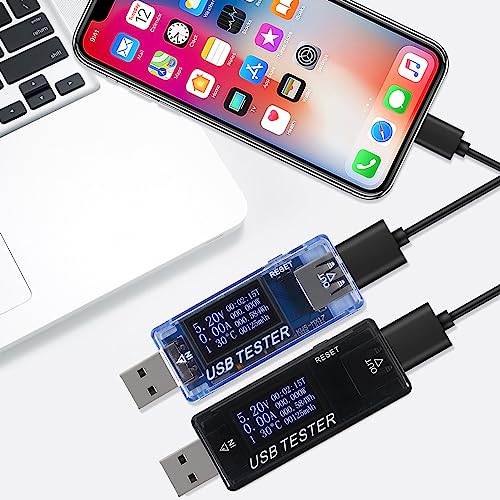 2pcs 8 in 1 USB Tester 10V 3A Voltage Current Tester Voltmeter Capacity Current Meter Digital Multimeter Current Tester Voltage Detector(Black+Blue) Black+Blue