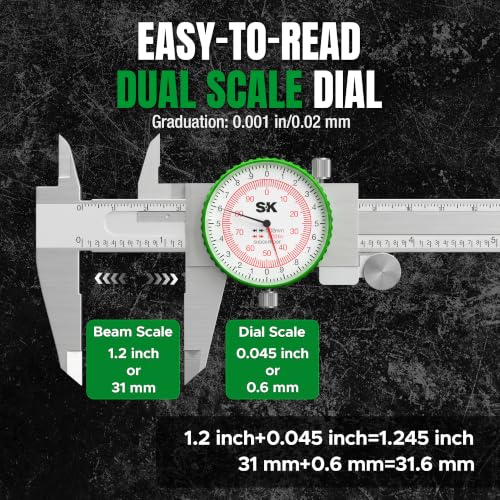 SK Dial Caliper, 6"/150mm Caliper Measuring Tool, ±0.001"/0.03mm Accuracy