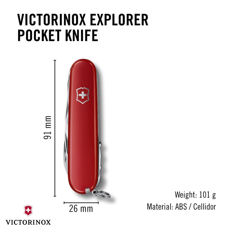 Victorinox Explorer Swiss Army Knife - 16 Function Pocket Tool - Red | Swiss Made Multi-Tool with Magnifying Glass, Phillips Screwdriver, Scissors, 2 Blades, and Can Opener - 91 mm Compact Size