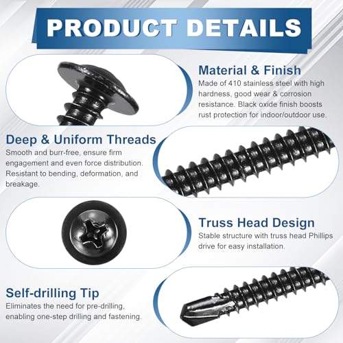 100Pcs #10x2-1/2 Self-Tapping Sheet Metal Screws Black Oxide