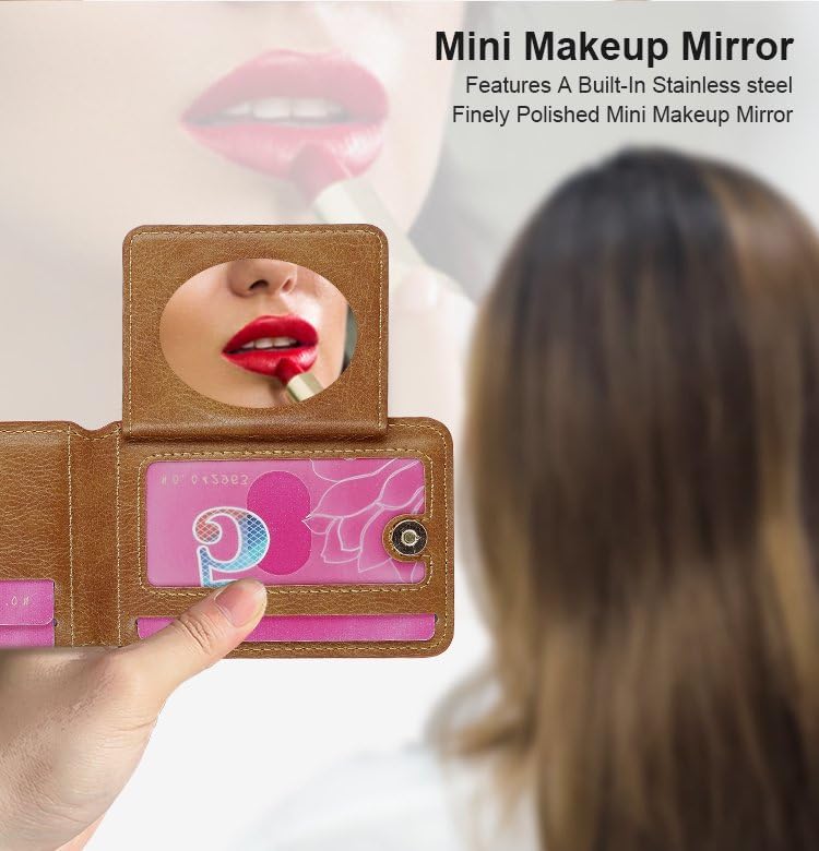 phone wallet stick on, PU Leather Wallet Stand, Mini Wallet | Holds 4 cards with photo window, grip strap, mini mirror and adjustable kickstand for phones cases, Pink