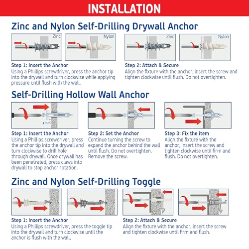  [AUSTRALIA] - Versitile Drywall Anchor Kit, 5 Heavy Duty Self Drilling Anchoring Solutions - 160 pc Hollow Wall Anchor Kit (80 Anchors & 60 Screws) - Use in Drywall, Hollow Wall, Plasterboard, Tile