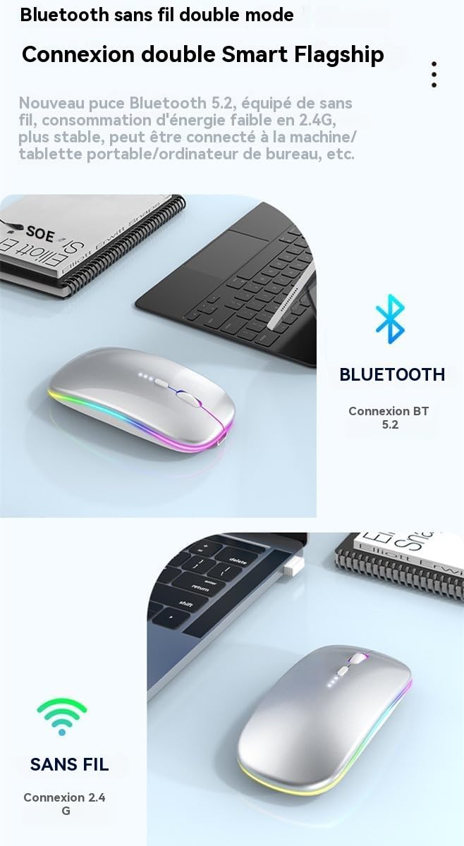 Rechargeable Wireless Mouse, Silent Bluetooth Mouse Silver | Supports Bluetooth 5.2 and 2.4G dual-mode, ergonomic design with LED indicator - portable, for Laptop, Desktop & Tablet