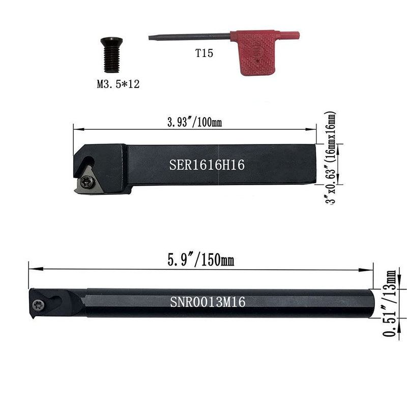 1/2" 5/8" Boring Bar SNR0013M16+SER1616H16 Lathe Internal Threading Inserts Turning Tool Holder with 5pcs 16ER AG60+5pcs 16IR AG60 Carbide Turning Inserts External/Internal Threading Inserts