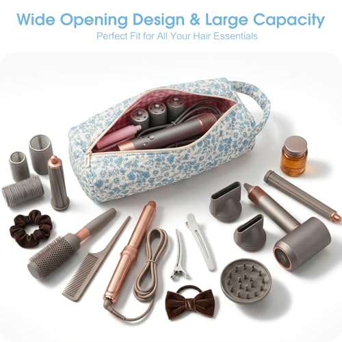 4pcs Hair Tools Travel Bag Soft Compact Case Compatible with Airwrap & Shark Flexstyle, Curling Iron & Flat Iron Storage Organizer, Portable Hair Accessories Bag Bow & Leopard & Cherry & Blue Flower 4