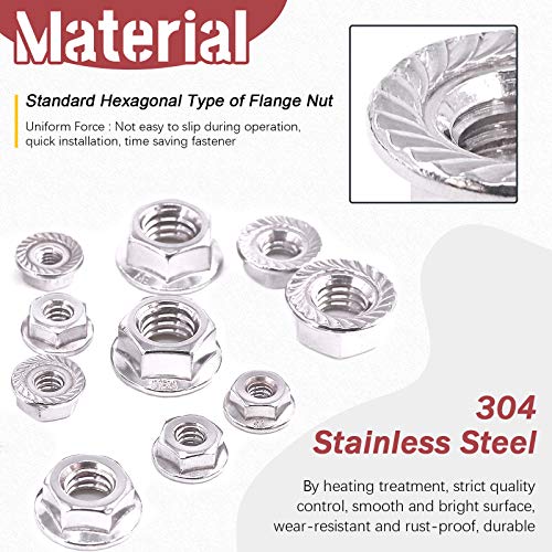 Hilitchi 100Pcs 304 Stainless Steel Serrated Flange SAE Hex Lock Nuts 1/4-20 5/16-18 3/8-16 10-24 8-32 6-32 Bright Finish Hex Flange Nuts Assortment Kit 100Pcs SAE Hex Flange Nuts