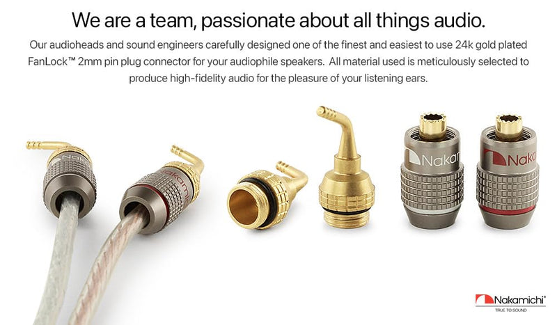 Nakamichi FanLock Excel Series 24k Gold Plated 2mm Pin Plug Banana 10 AWG - 18 AWG Gauge Size 4mm for Spring Clip Speakers Amplifier Hi-Fi Home Theatre Wire Cable Quick Connector, 10 Pcs (5-Pairs) 10 Pcs (5-Pairs)