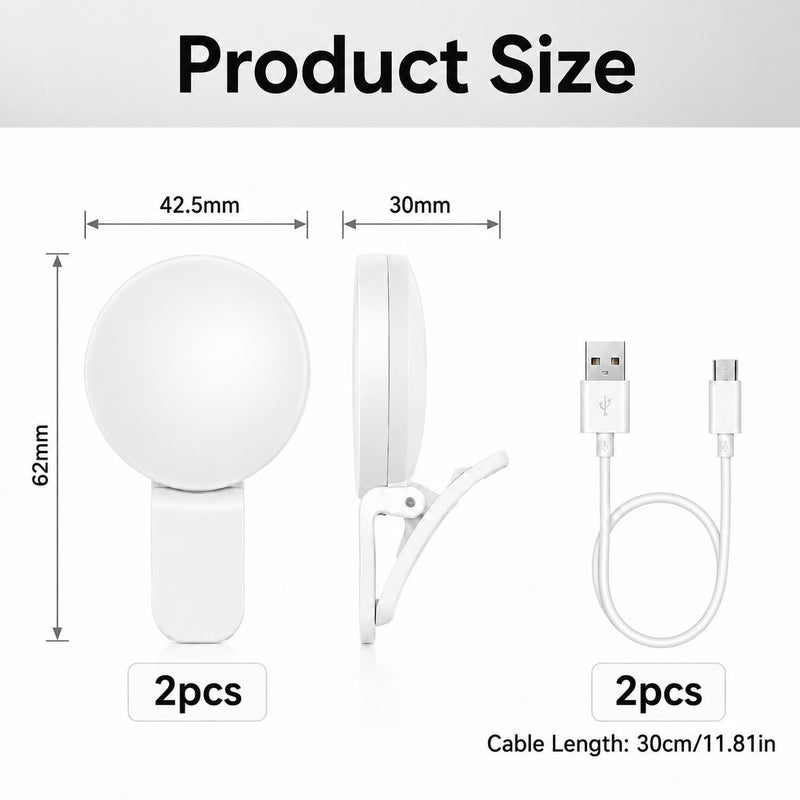 2Pcs Mini LED Ring Light for Phone, Rechargeable Clip On Selfie Light | Portable Adjustable Brightness LED Lighting for Video Recording, Compatible with iPhone, iPad, Laptop (White)