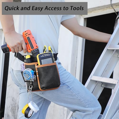 Leather Tool Belt, Electrician Tool Pouch, Genuine Leather Construction, Featuring 6 Pockets, Electrical Tape Chain, and Tape Measure Pouch. (Electrician Tool Kit) Electrician Tool Kit