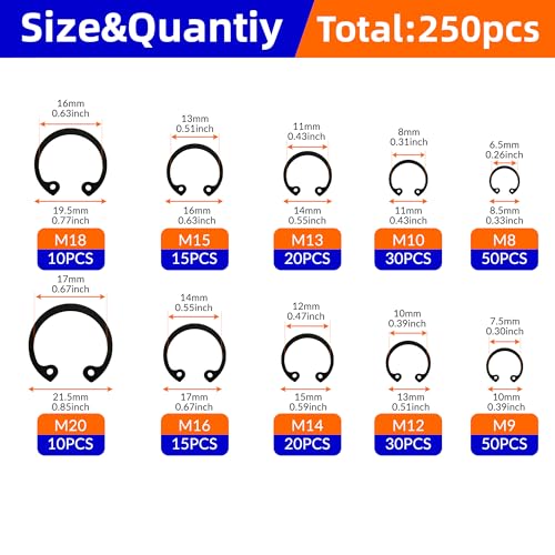 250Pcs c clips Internal Retaining Rings Snap Rings Assortment Kit Circlip Alloy Steel(M8-M20) + 4-in-1 Snap Ring Pliers with 3 Extra Convertible Jaws Manganese Steel 250-pc C-Clips(Internal)+Pliers