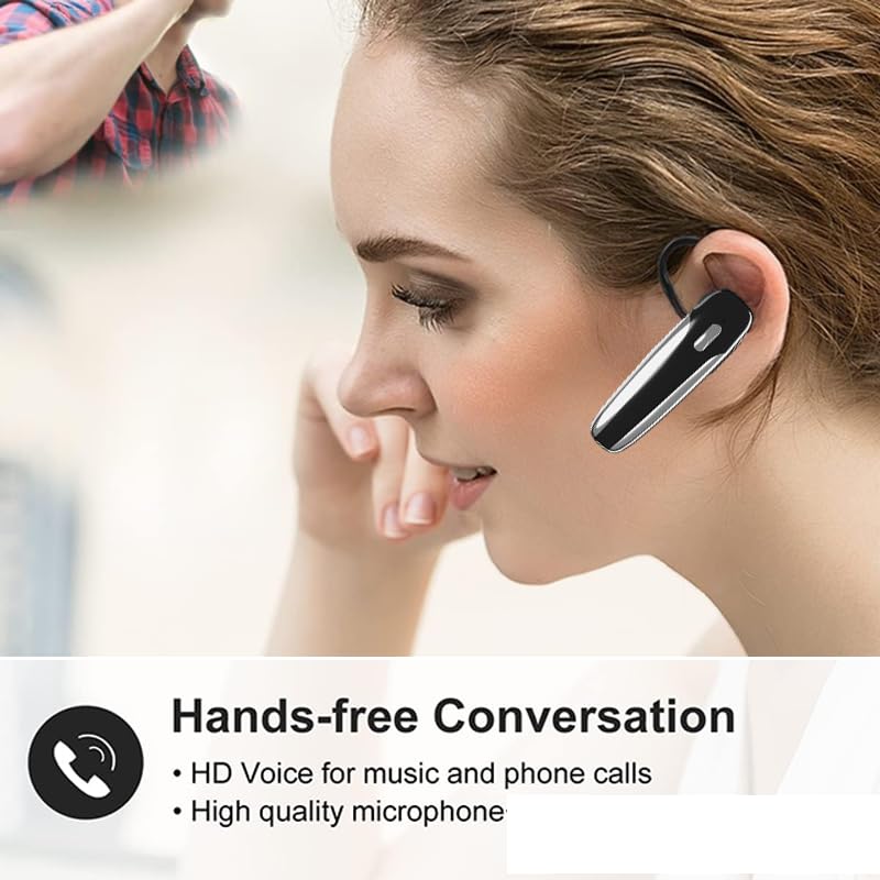 Single Ear Bluetooth Headset V5.3 Single-Ear Earpiece with Wireless Microphone 48H Battery, Bluetooth Earpiece - Handsfree for Driving/Truck Drivers, Compatible with iPhone, Android, Samsung Minimalist Glossy Black