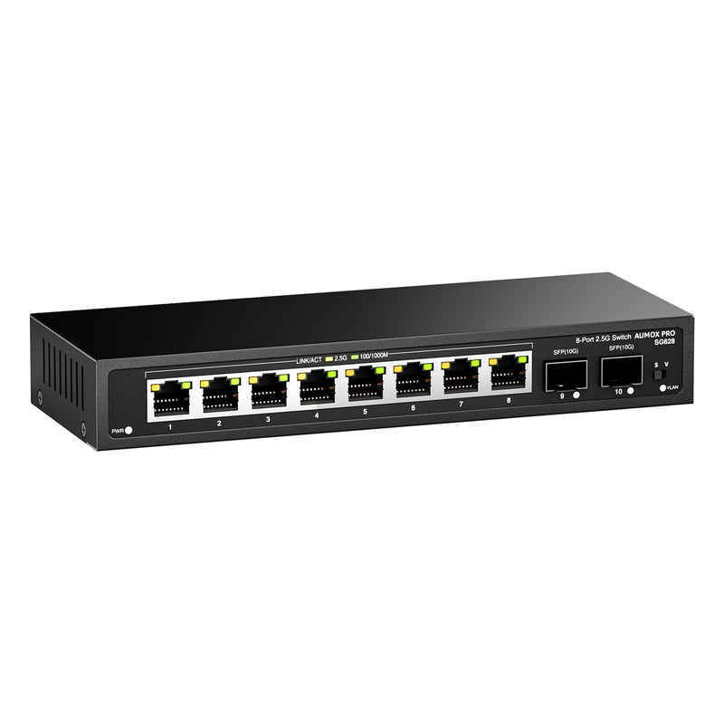 10 Port 2.5Gb Unmanaged Ethernet Switch with 8* 2.5G Base-T Ports, 2*10G SFP Ports, AUMOX PRO 80 Gbps Vlan Switching Capacity Compatible with 100/1000/2500Mbps Plug and Play 10 Port| 8*2.5G Port+2*10G SFP