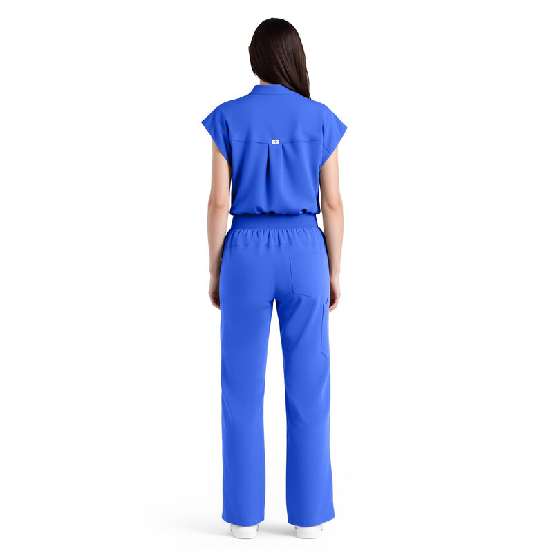 Women's Sleeveless Scrub Set,9-Pocket Straight Leg, Yoga Waist | Stand-up collar top, straight leg pants w/ side slits. Soft stretch knit. Yoga waist. Wrinkle-free. For nurses/docs/vets. Medium Royal Blue