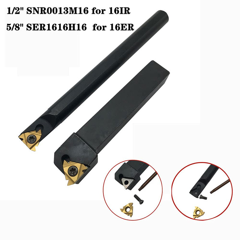 1/2" 5/8" Boring Bar SNR0013M16+SER1616H16 Lathe Internal Threading Inserts Turning Tool Holder with 5pcs 16ER AG60+5pcs 16IR AG60 Carbide Turning Inserts External/Internal Threading Inserts