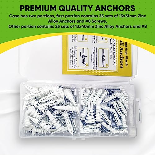 Drywall Anchors Plastic Self-Drilling - Wall Anchors for Drywall Pack Includes 25 Large and 25 Small Anchors With Fitting Phillip Zinc Screws, Hold up to 30-60 Lb. No Pre Drill Hole Required (Plastic)